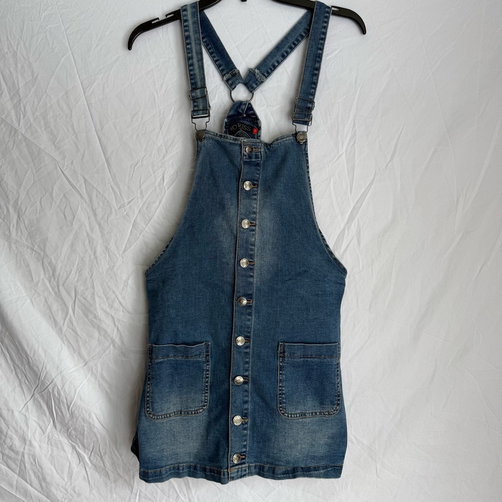 VTG Hot Kiss Y2K Button Down Bib Overall Jean Dress Mini Blue Denim Jumper Sz 11